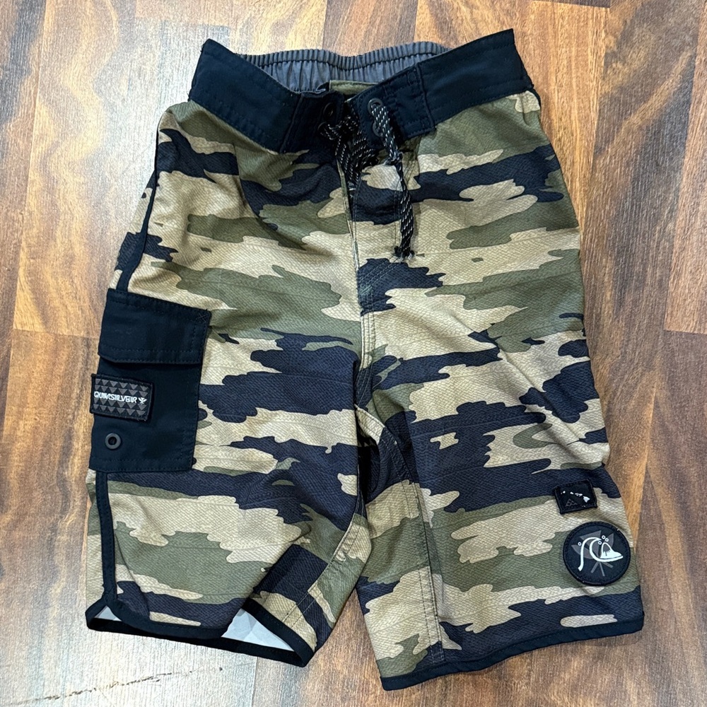 Quiksilver Kids Black and Tan Camo Swim Trunks